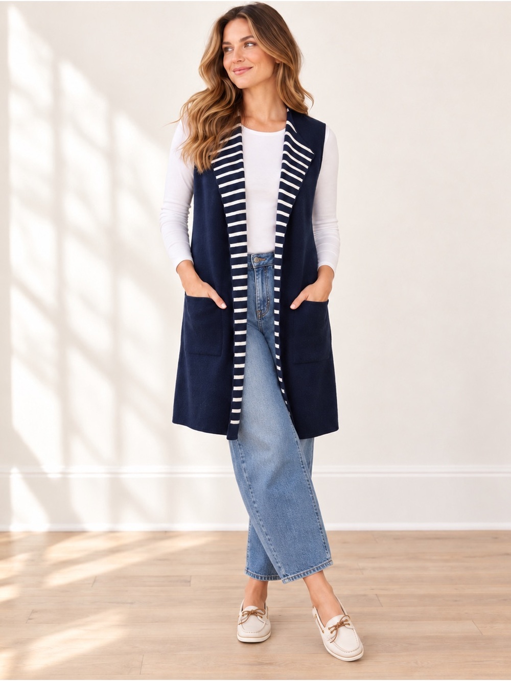 Anthropologie MOTH Print Longline Sweater Vest Navy White Stripe OS prep coastal